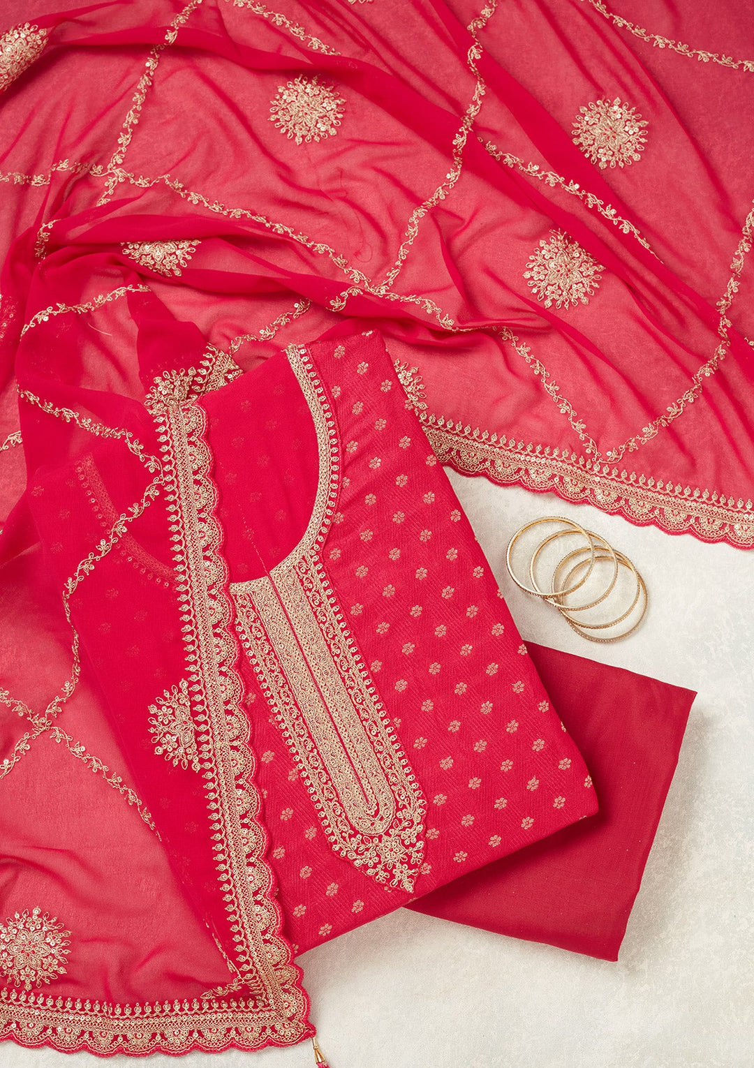 Pink Zariwork (Gold) Chanderi Unstitched Salwar Suit