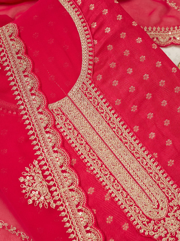 Rani Pink Zariwork (Gold) Chanderi Unstitched Salwar Suit