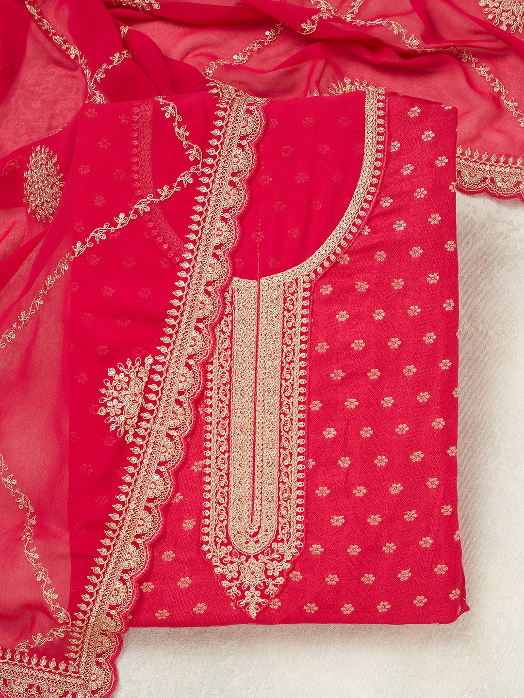 Rani Pink Zariwork (Gold) Chanderi Unstitched Salwar Suit