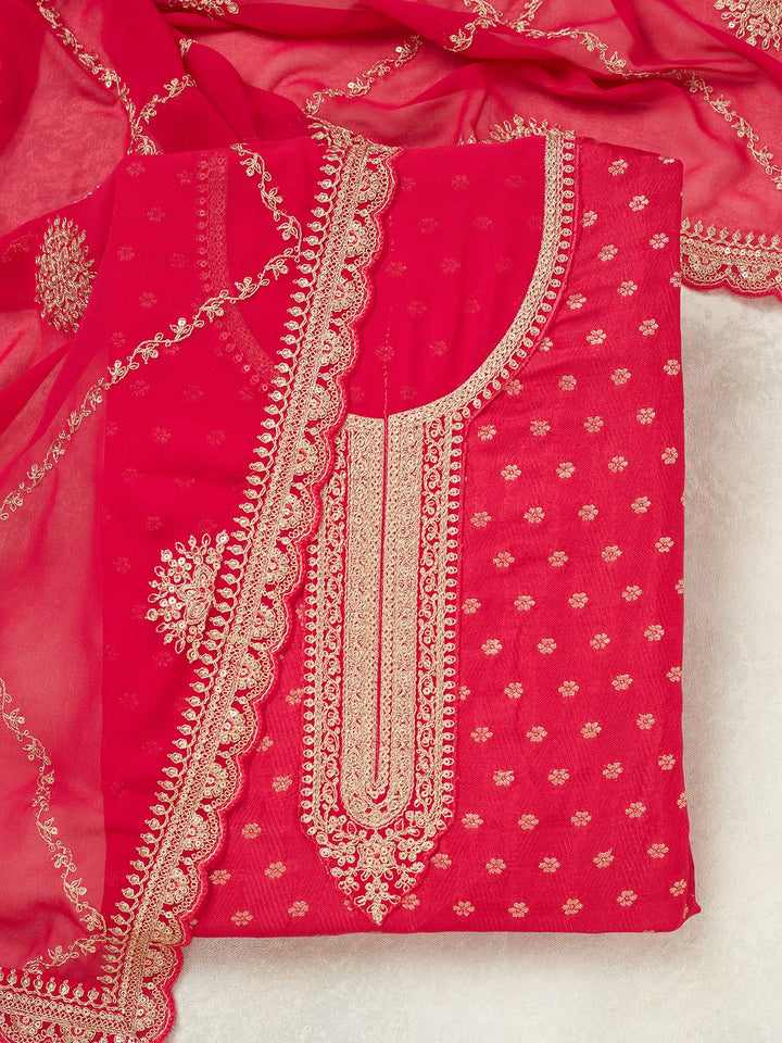 Rani Pink Zariwork (Gold) Chanderi Unstitched Salwar Suit