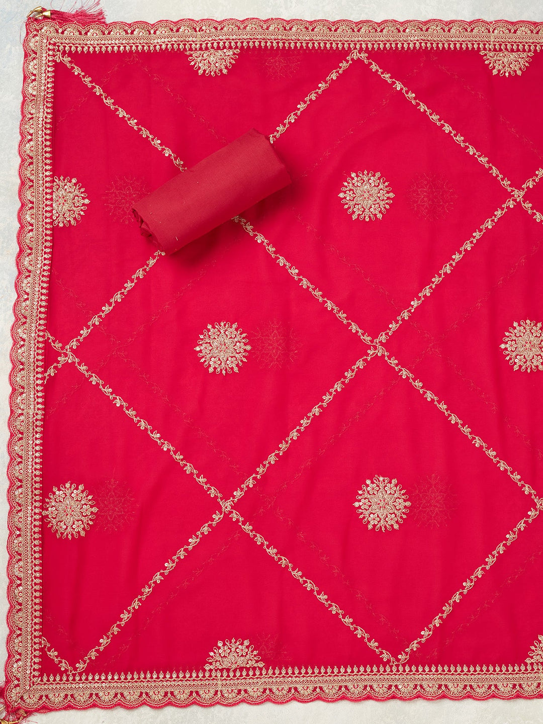 Rani Pink Zariwork (Gold) Chanderi Unstitched Salwar Suit