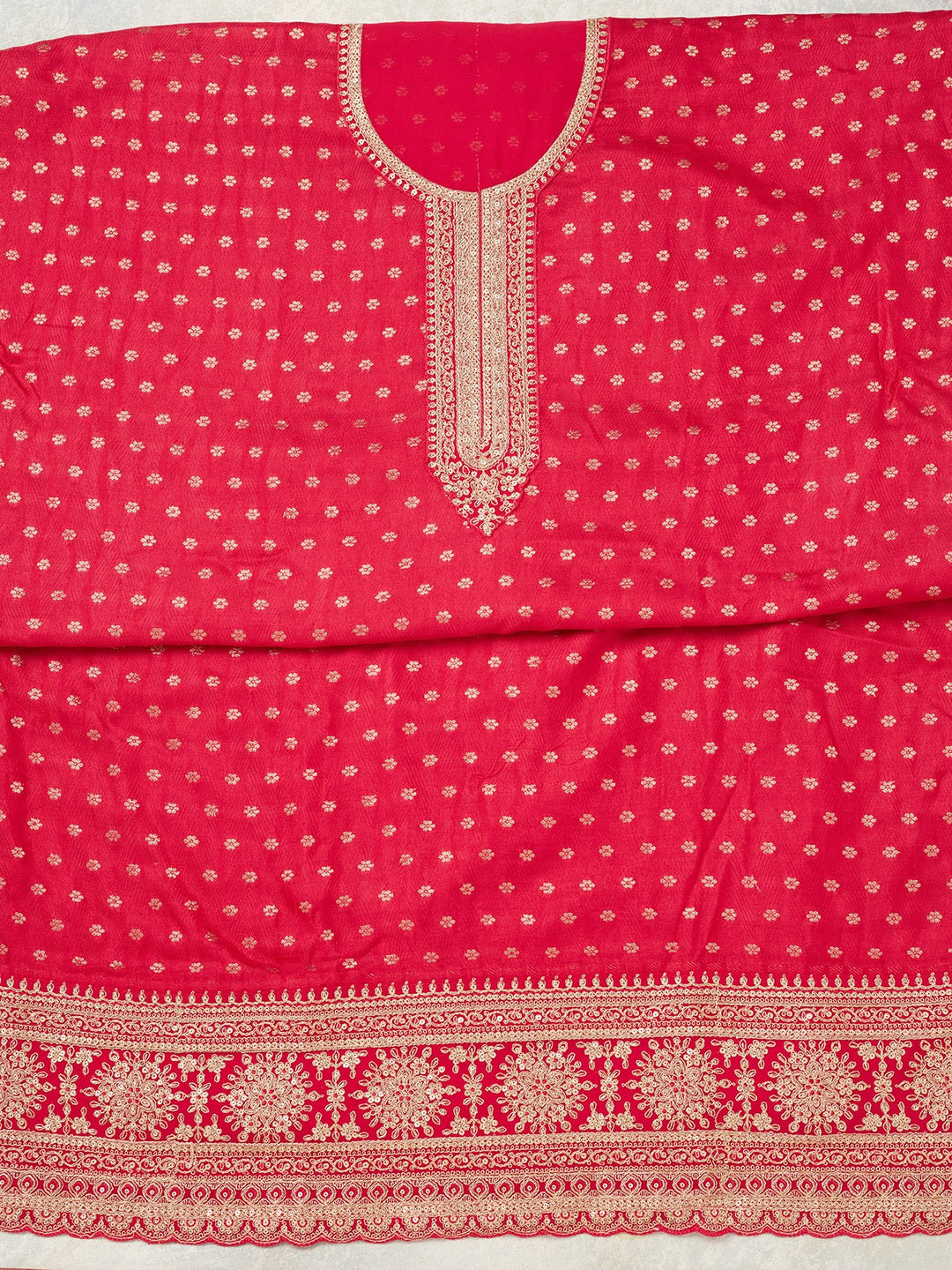 Rani Pink Zariwork (Gold) Chanderi Unstitched Salwar Suit