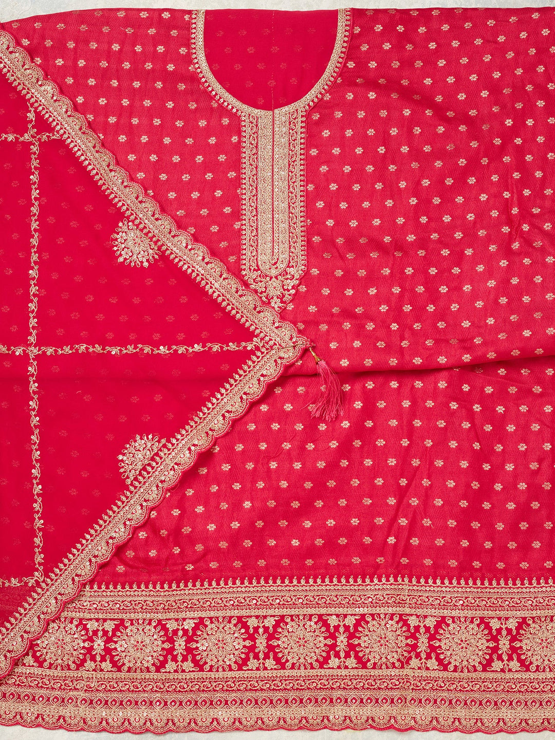 Rani Pink Zariwork (Gold) Chanderi Unstitched Salwar Suit