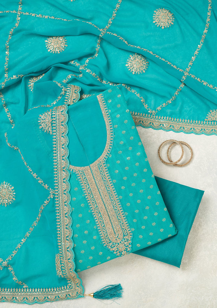 Turquoise Blue Zariwork (Gold) Chanderi Unstitched Salwar Suit