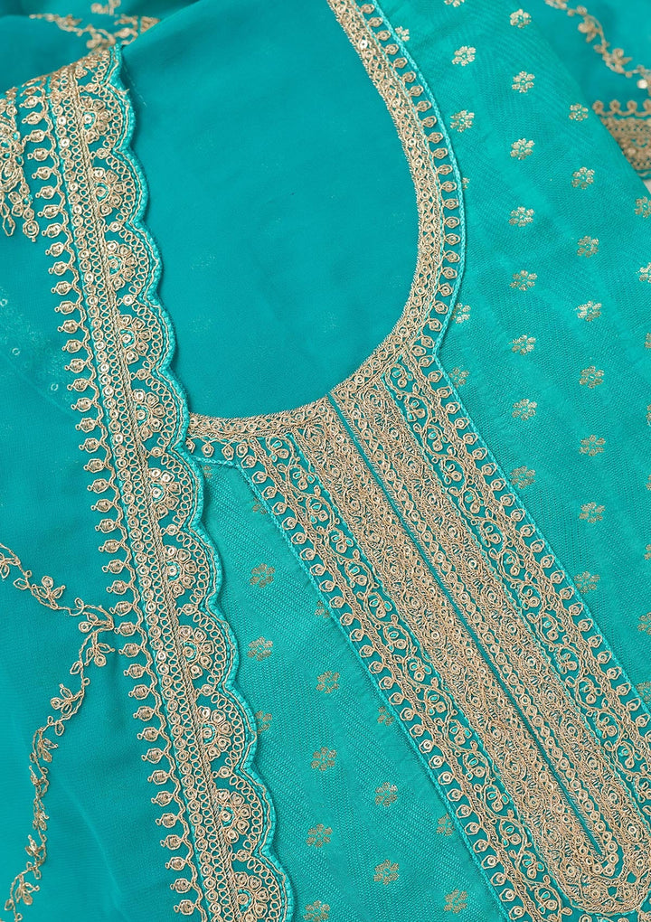Turquoise Blue Zariwork (Gold) Chanderi Unstitched Salwar Suit