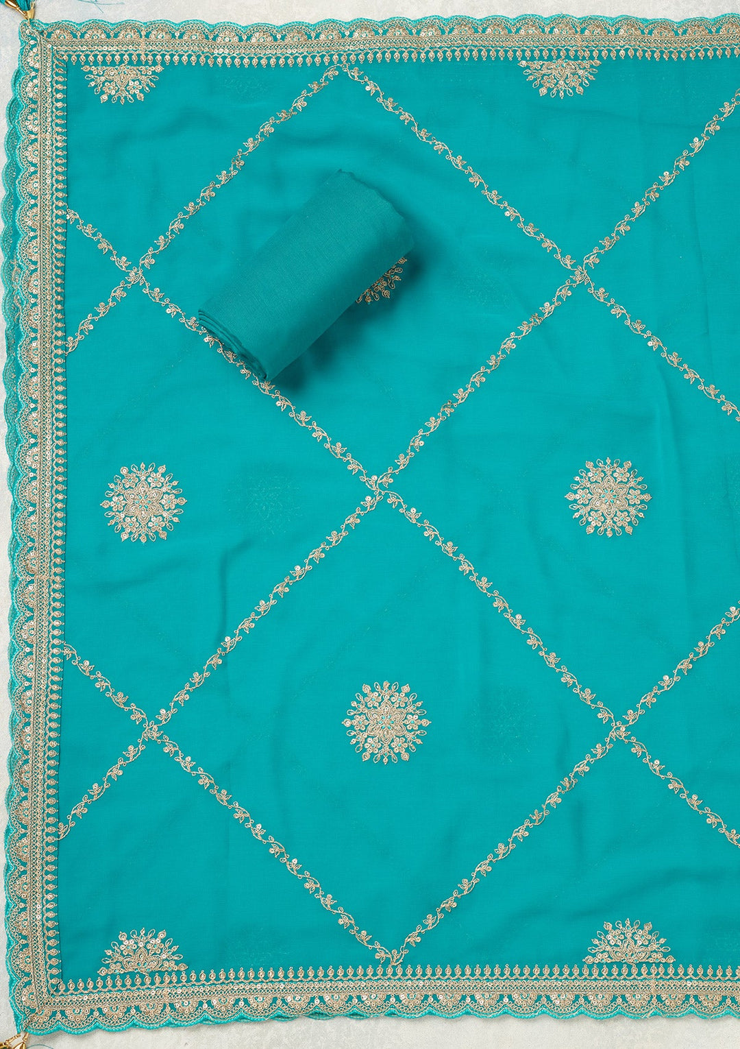 Turquoise Blue Zariwork (Gold) Chanderi Unstitched Salwar Suit