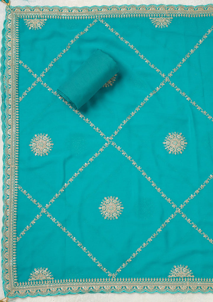 Turquoise Blue Zariwork (Gold) Chanderi Unstitched Salwar Suit