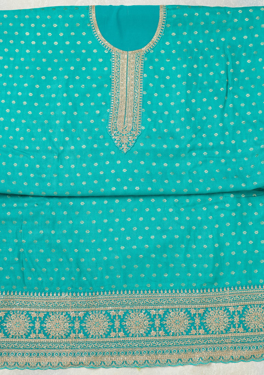 Turquoise Blue Zariwork (Gold) Chanderi Unstitched Salwar Suit