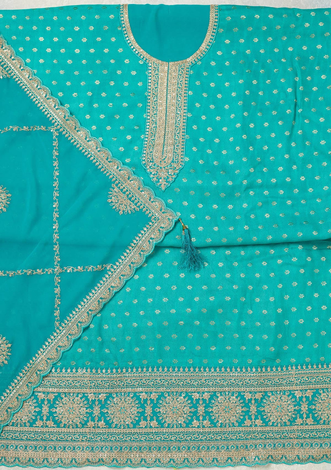 Turquoise Blue Zariwork (Gold) Chanderi Unstitched Salwar Suit