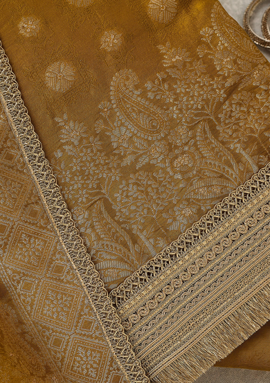 Mustard Dola Silk Gold Zariwork Unstitched Dress Material With Matching Bottom And Dupatta