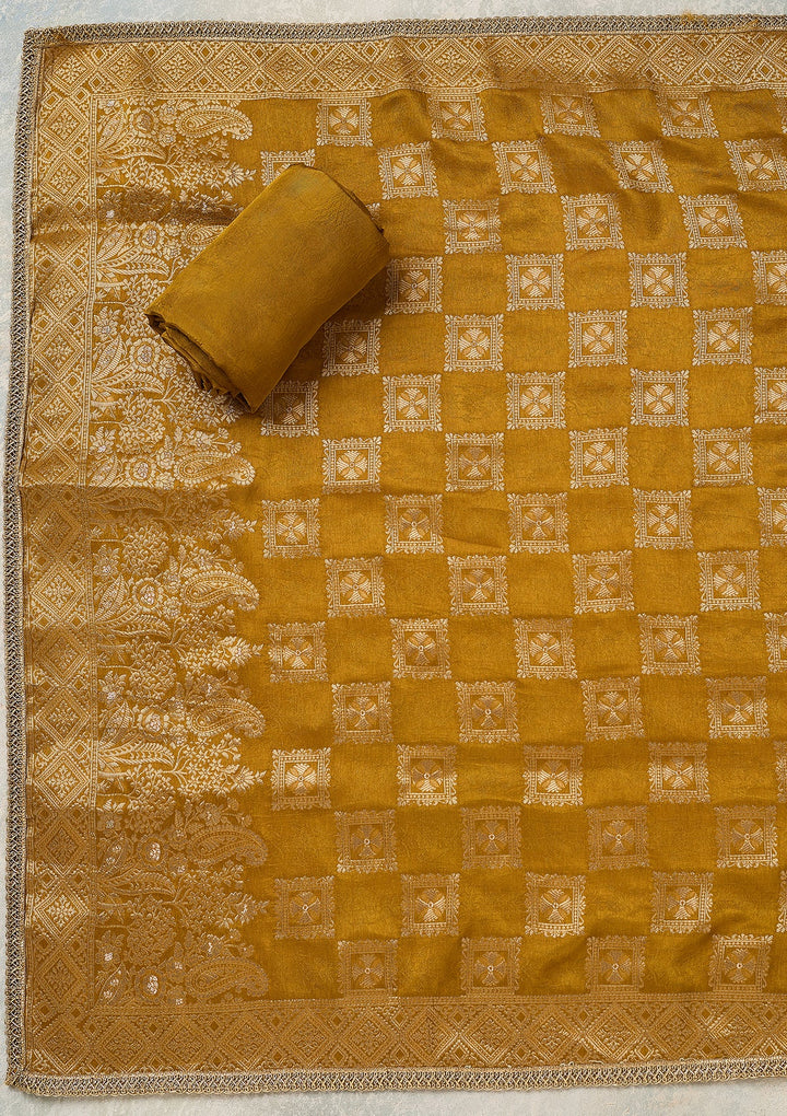 Mustard Dola Silk Gold Zariwork Unstitched Dress Material With Matching Bottom And Dupatta