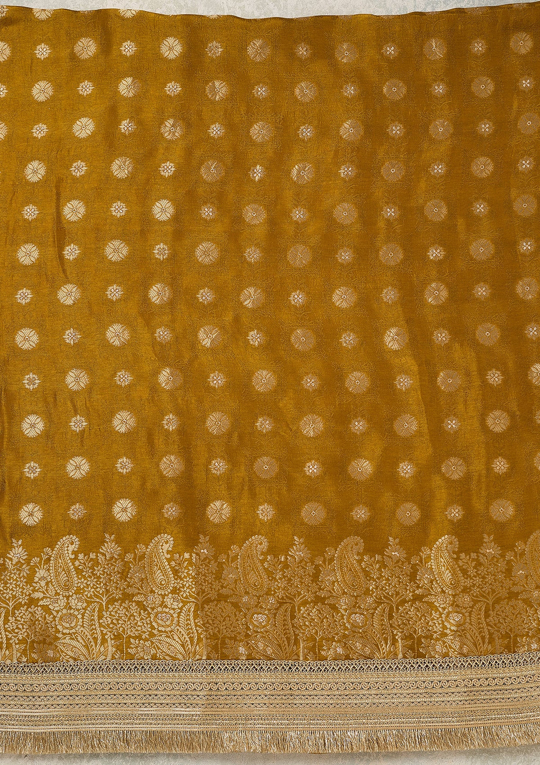 Mustard Dola Silk Gold Zariwork Unstitched Dress Material With Matching Bottom And Dupatta