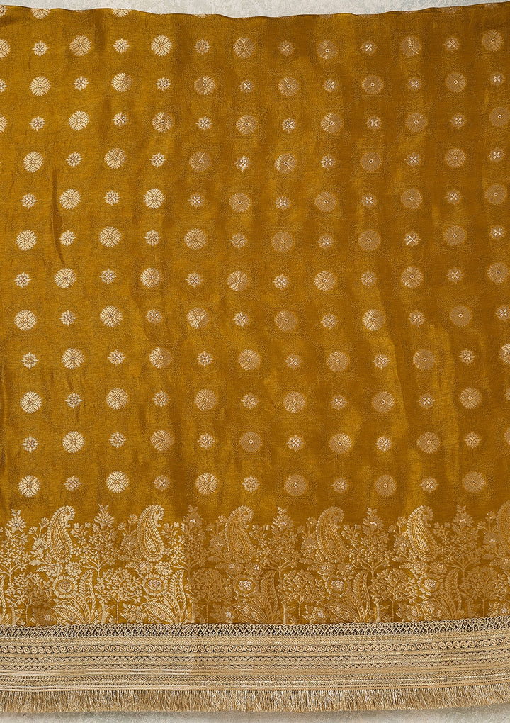 Mustard Dola Silk Gold Zariwork Unstitched Dress Material With Matching Bottom And Dupatta