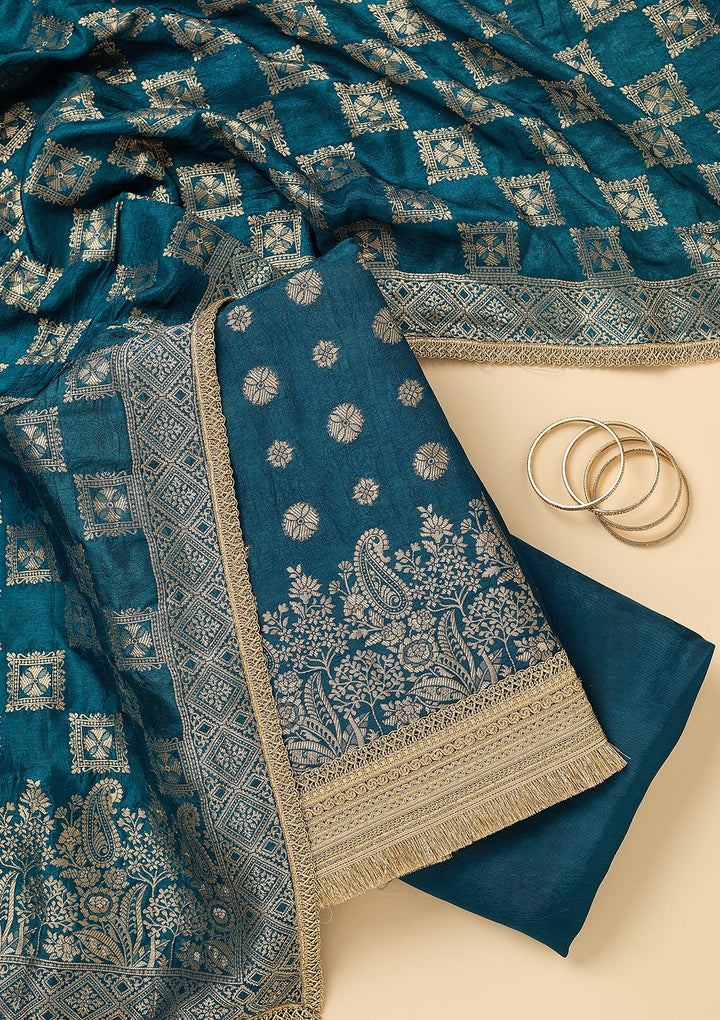 Peacock Blue Dola Silk Gold Zariwork Unstitched Dress Material With Matching Bottom And Dupatta