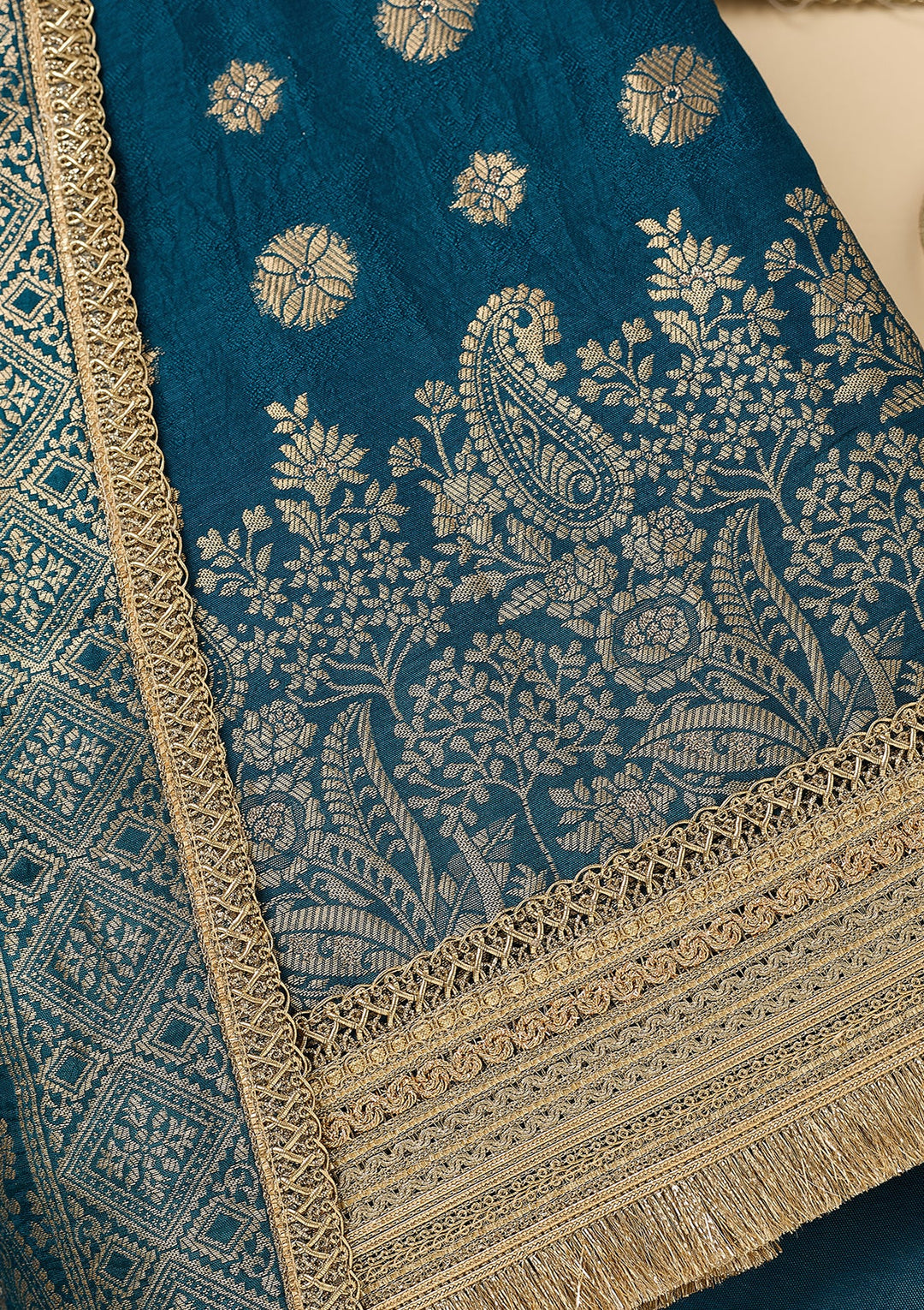 Peacock Blue Dola Silk Gold Zariwork Unstitched Dress Material With Matching Bottom And Dupatta