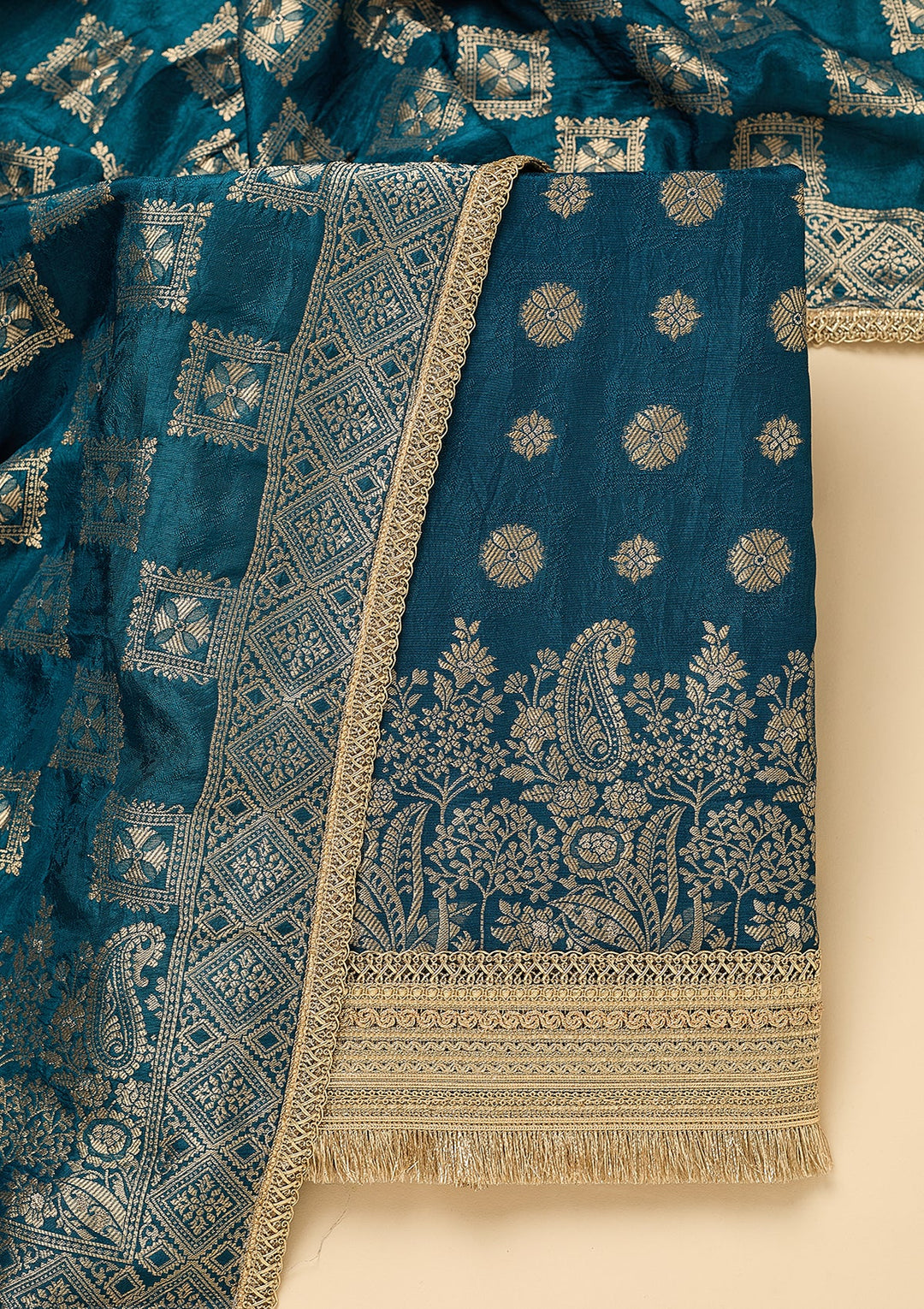 Peacock Blue Dola Silk Gold Zariwork Unstitched Dress Material With Matching Bottom And Dupatta
