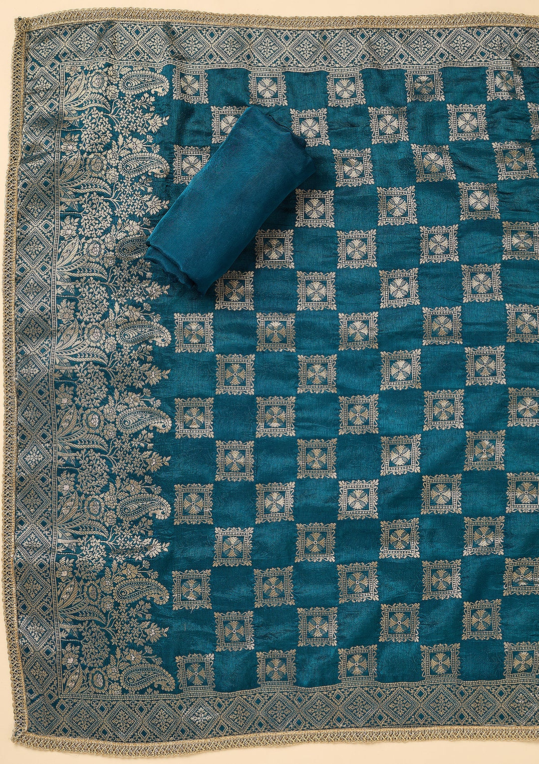 Peacock Blue Dola Silk Gold Zariwork Unstitched Dress Material With Matching Bottom And Dupatta