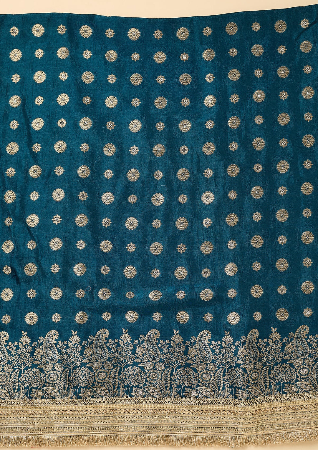 Peacock Blue Dola Silk Gold Zariwork Unstitched Dress Material With Matching Bottom And Dupatta