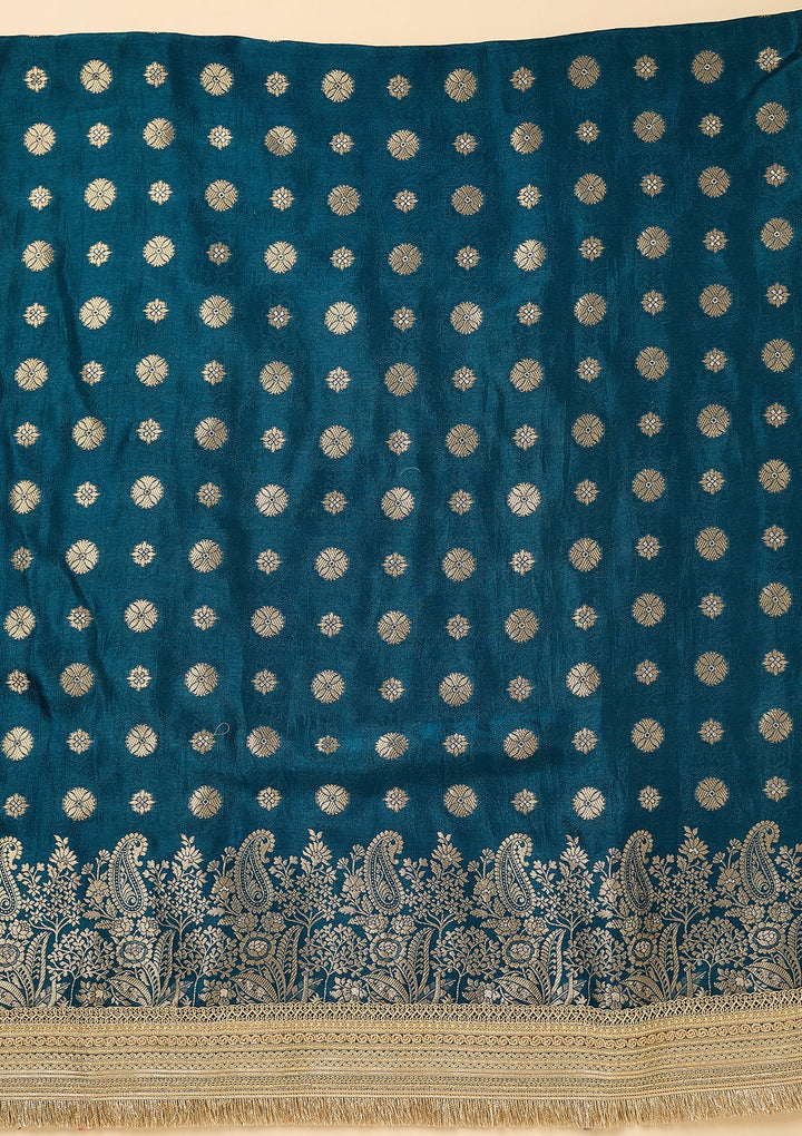 Peacock Blue Dola Silk Gold Zariwork Unstitched Dress Material With Matching Bottom And Dupatta