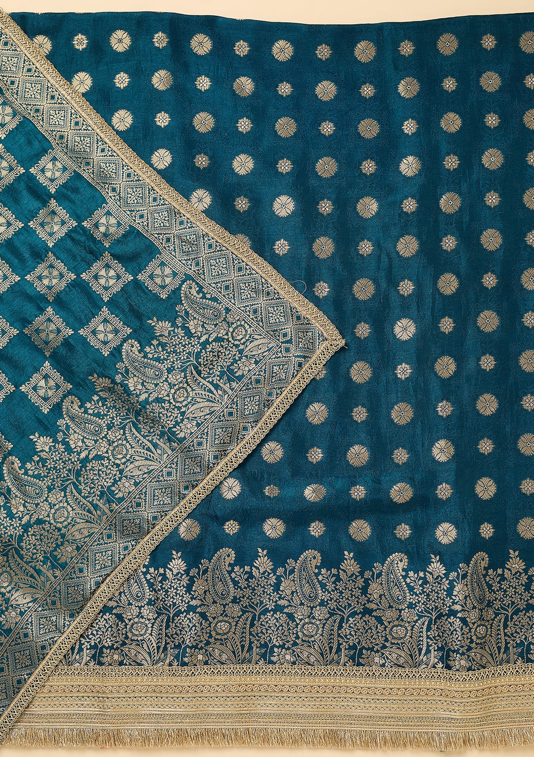 Peacock Blue Dola Silk Gold Zariwork Unstitched Dress Material With Matching Bottom And Dupatta