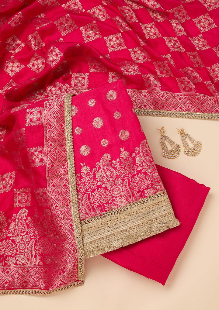 Rani Pink Dola Silk Gold Zariwork Unstitched Dress Material With Matching Bottom And Dupatta