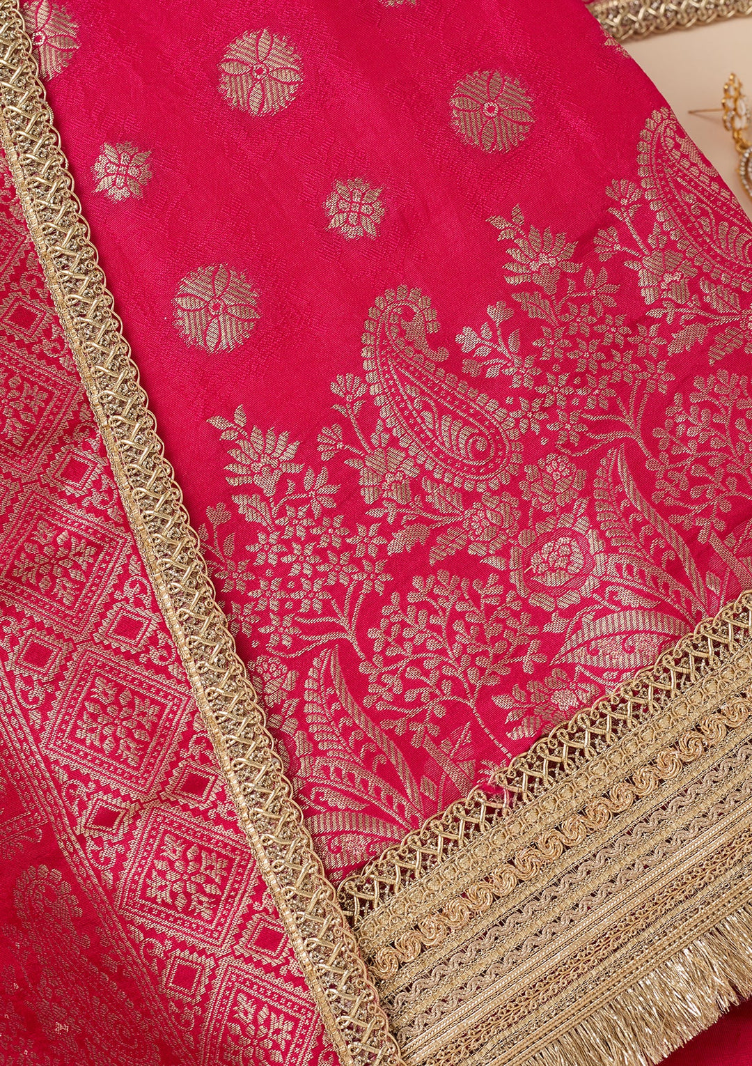 Rani Pink Dola Silk Gold Zariwork Unstitched Dress Material With Matching Bottom And Dupatta
