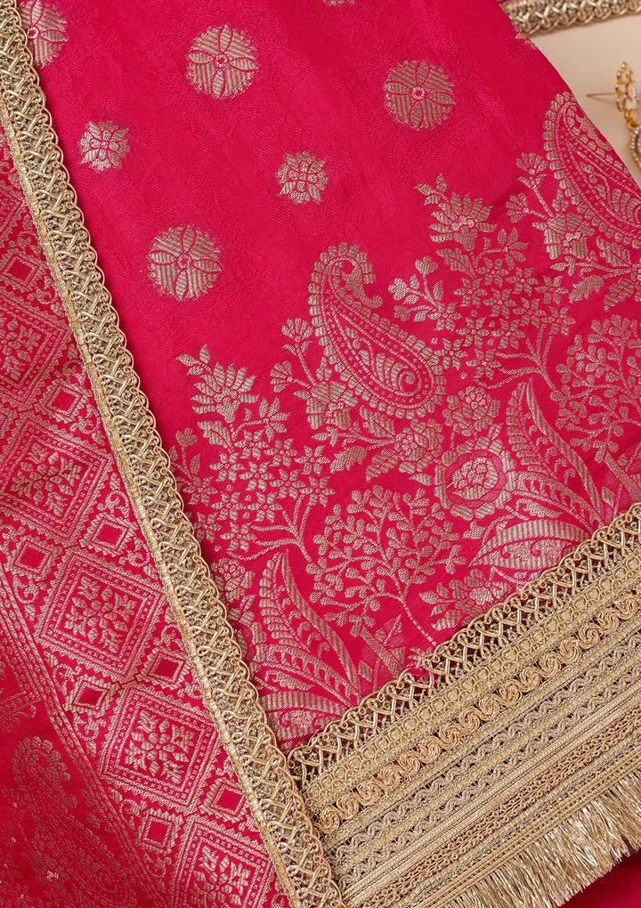 Rani Pink Dola Silk Gold Zariwork Unstitched Dress Material With Matching Bottom And Dupatta