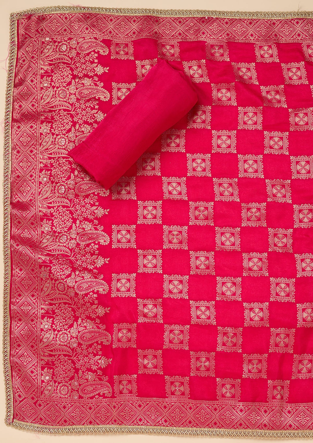 Rani Pink Dola Silk Gold Zariwork Unstitched Dress Material With Matching Bottom And Dupatta