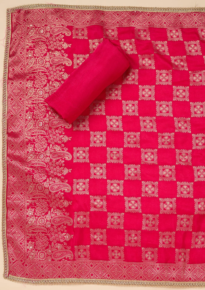 Rani Pink Dola Silk Gold Zariwork Unstitched Dress Material With Matching Bottom And Dupatta