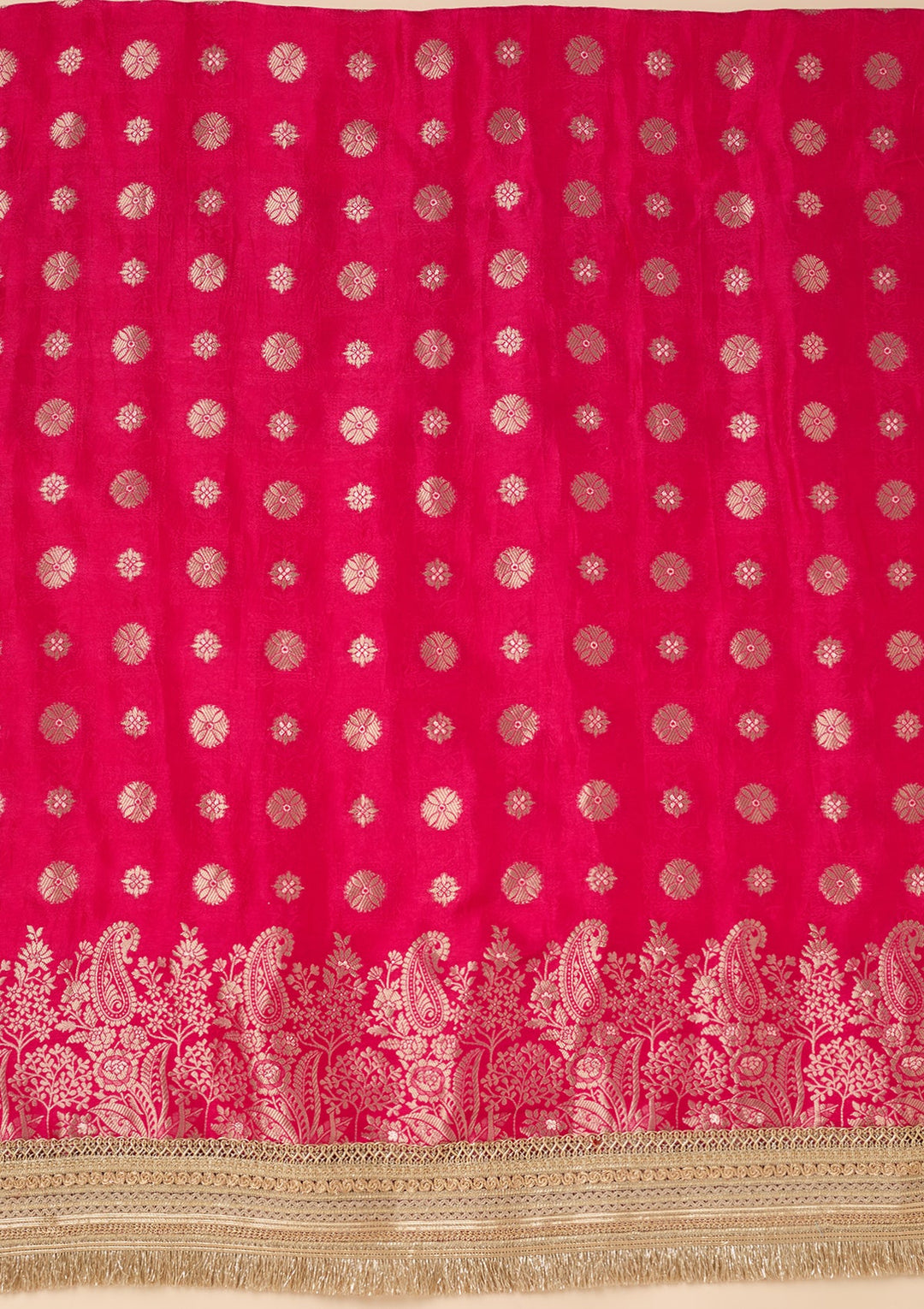 Rani Pink Dola Silk Gold Zariwork Unstitched Dress Material With Matching Bottom And Dupatta