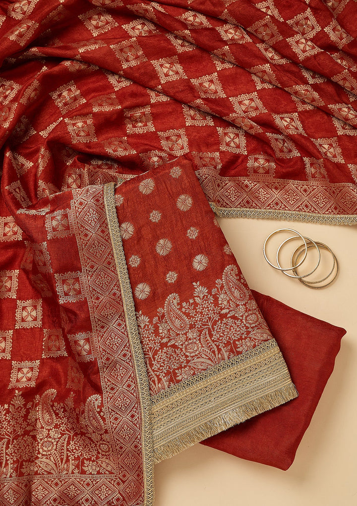 Rust Dola Silk Gold Zariwork Unstitched Dress Material With Matching Bottom And Dupatta