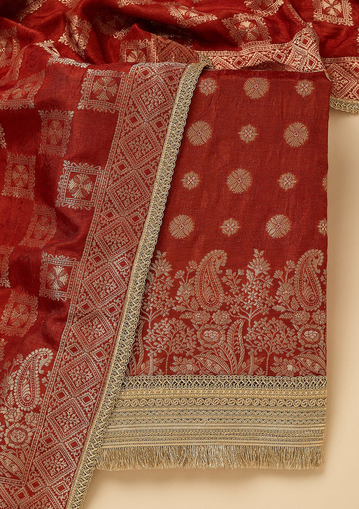 Rust Dola Silk Gold Zariwork Unstitched Dress Material With Matching Bottom And Dupatta