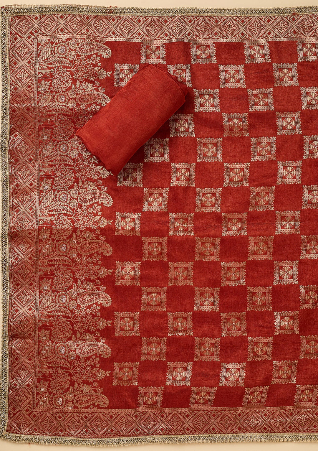 Rust Dola Silk Gold Zariwork Unstitched Dress Material With Matching Bottom And Dupatta