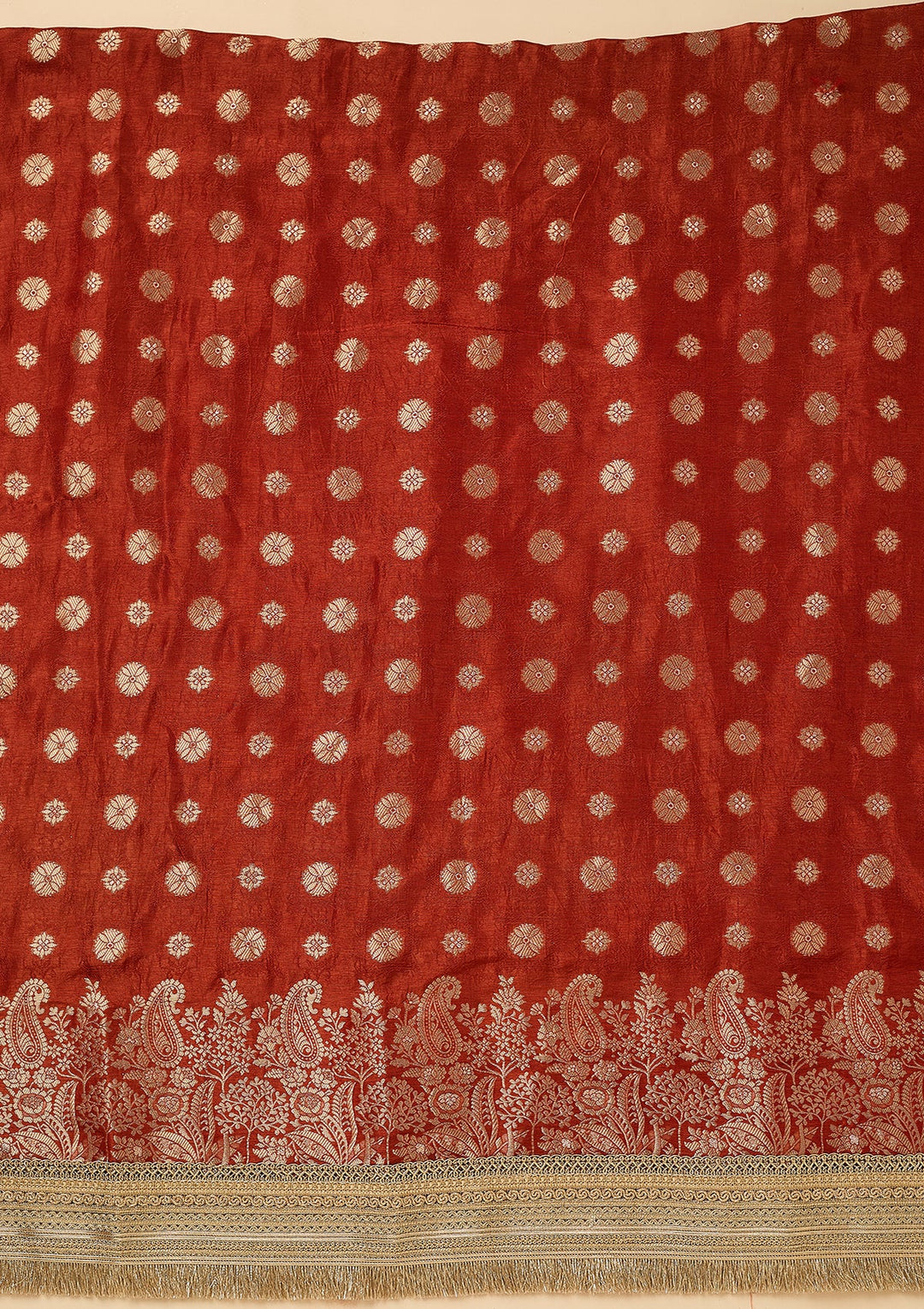 Rust Dola Silk Gold Zariwork Unstitched Dress Material With Matching Bottom And Dupatta