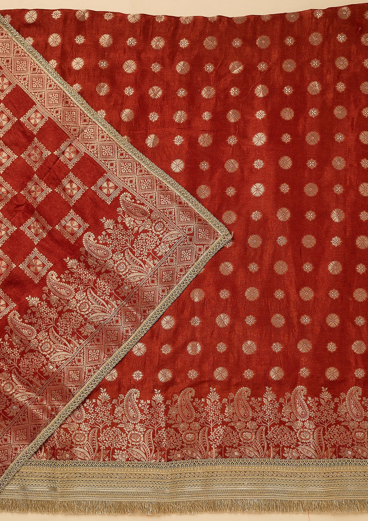Rust Dola Silk Gold Zariwork Unstitched Dress Material With Matching Bottom And Dupatta