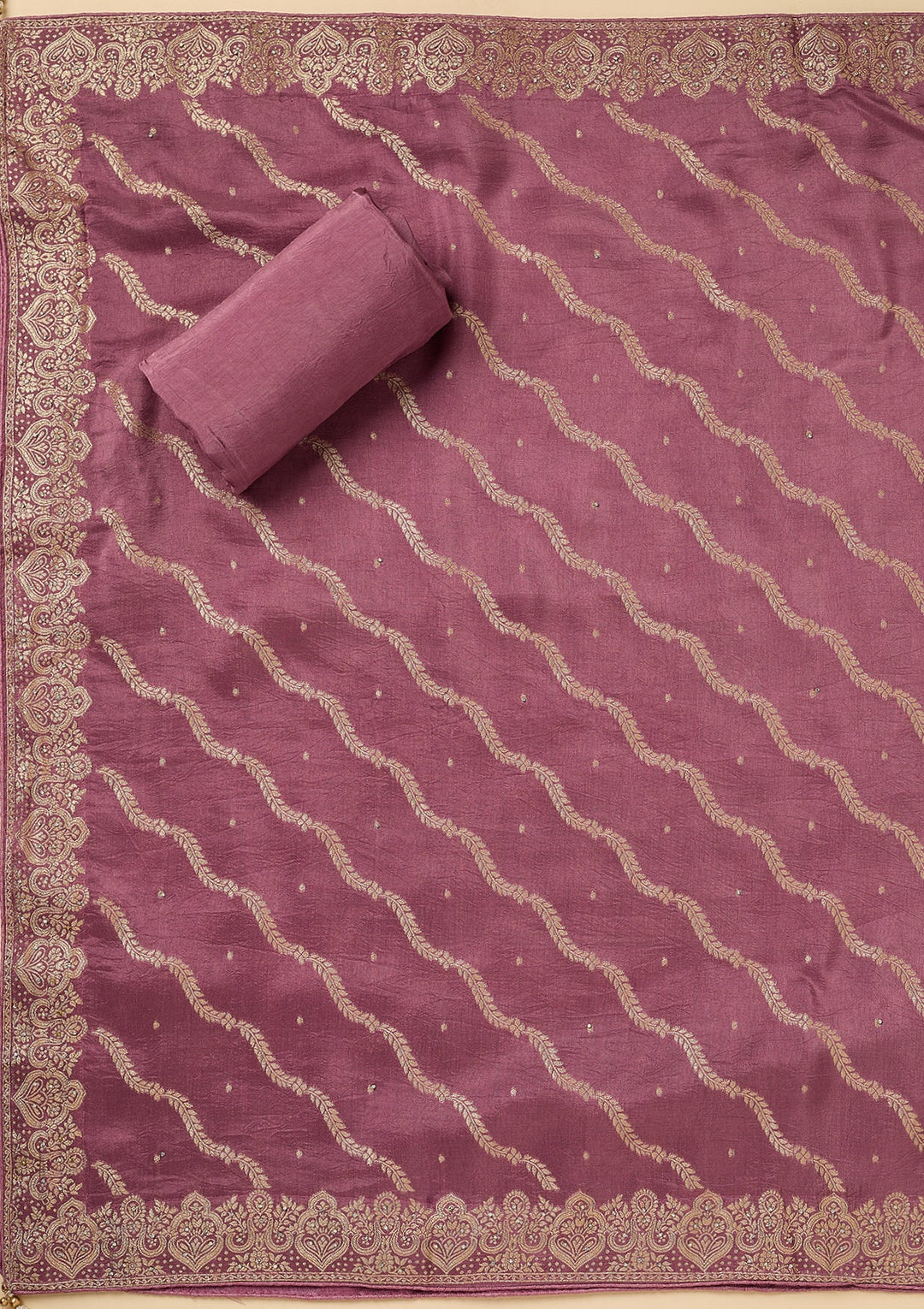 Mauve Dola Silk Gold Stonework Unstitched Dress Material With Matching Bottom And Dupatta
