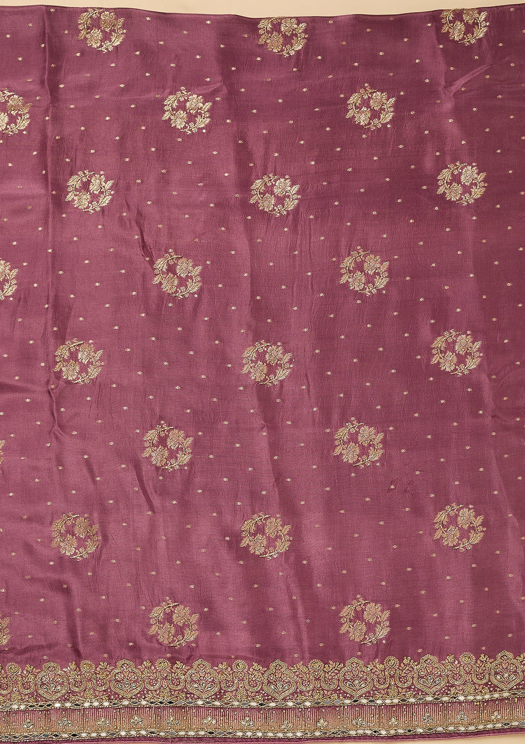 Mauve Dola Silk Gold Stonework Unstitched Dress Material With Matching Bottom And Dupatta