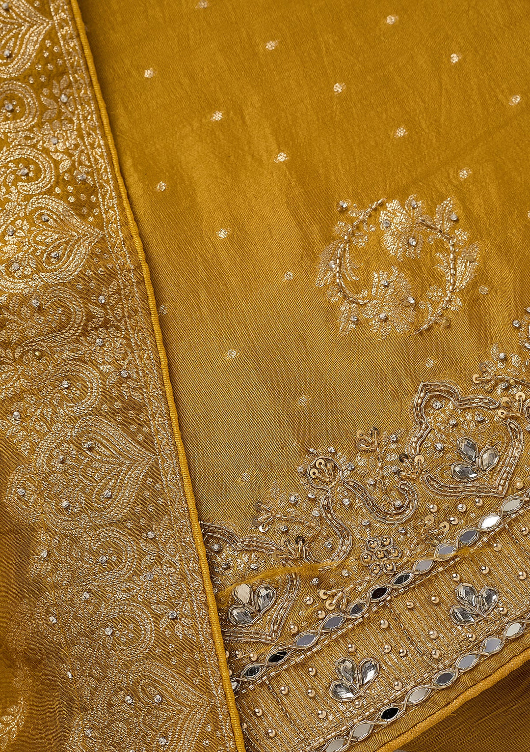 Mustard Dola Silk Gold Stonework Unstitched Dress Material With Matching Bottom And Dupatta