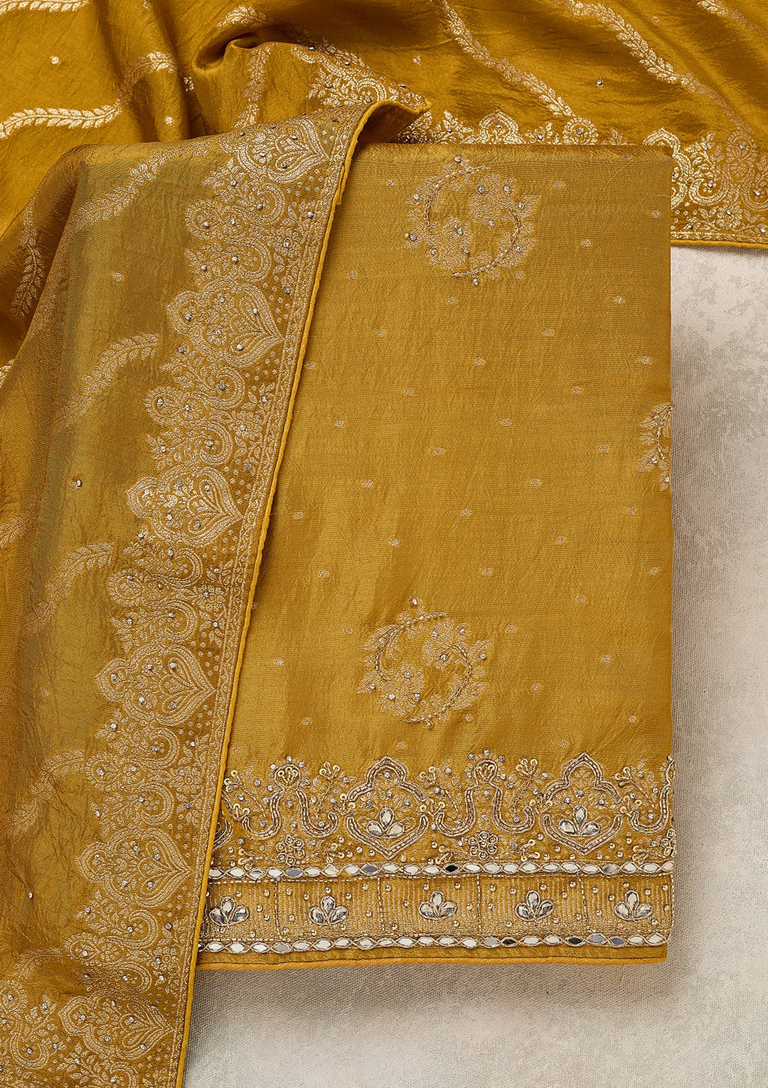 Mustard Dola Silk Gold Stonework Unstitched Dress Material With Matching Bottom And Dupatta