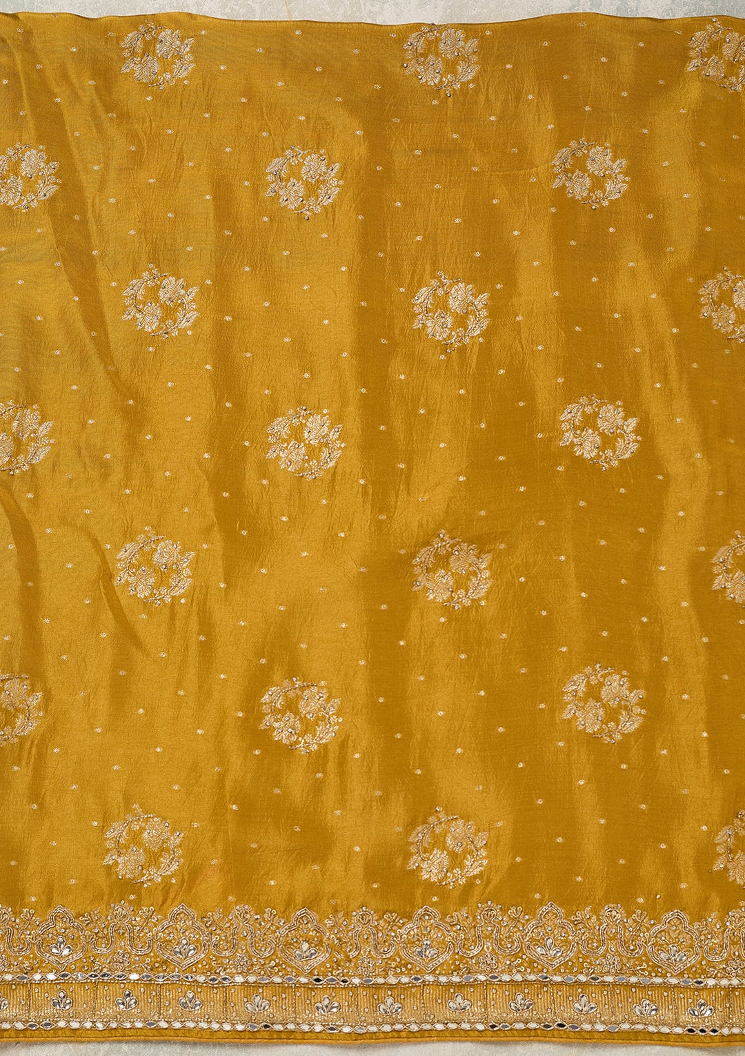 Mustard Dola Silk Gold Stonework Unstitched Dress Material With Matching Bottom And Dupatta