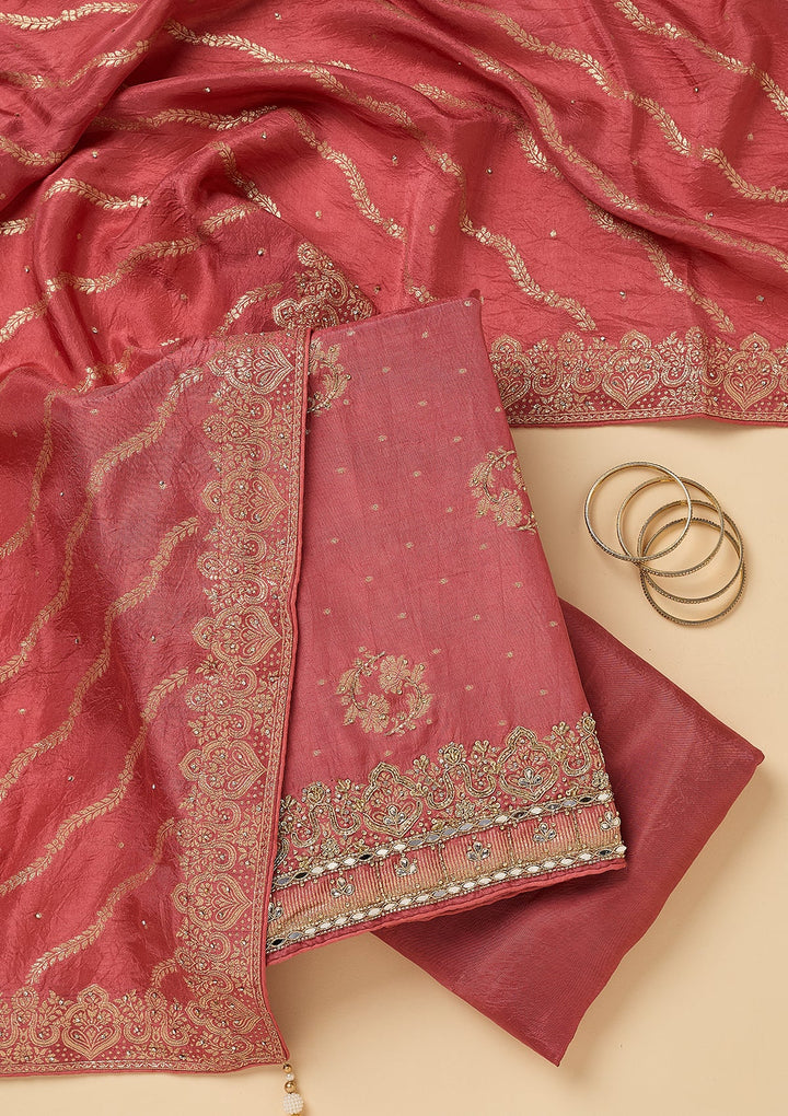 Onion Pink Dola Silk Gold Stonework Unstitched Dress Material With Matching Bottom And Dupatta