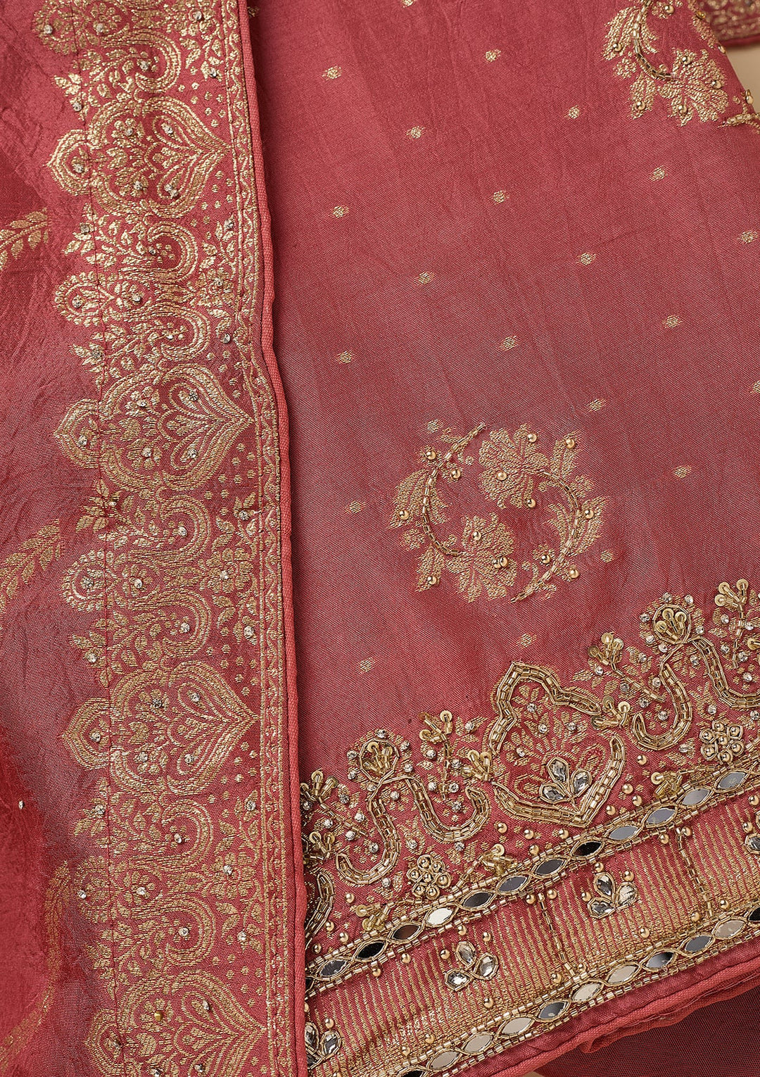 Onion Pink Dola Silk Gold Stonework Unstitched Dress Material With Matching Bottom And Dupatta