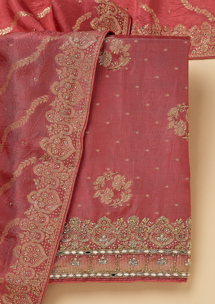 Onion Pink Dola Silk Gold Stonework Unstitched Dress Material With Matching Bottom And Dupatta