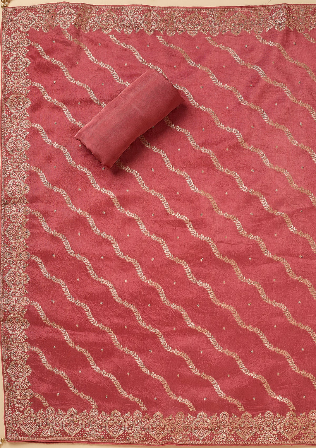 Onion Pink Dola Silk Gold Stonework Unstitched Dress Material With Matching Bottom And Dupatta