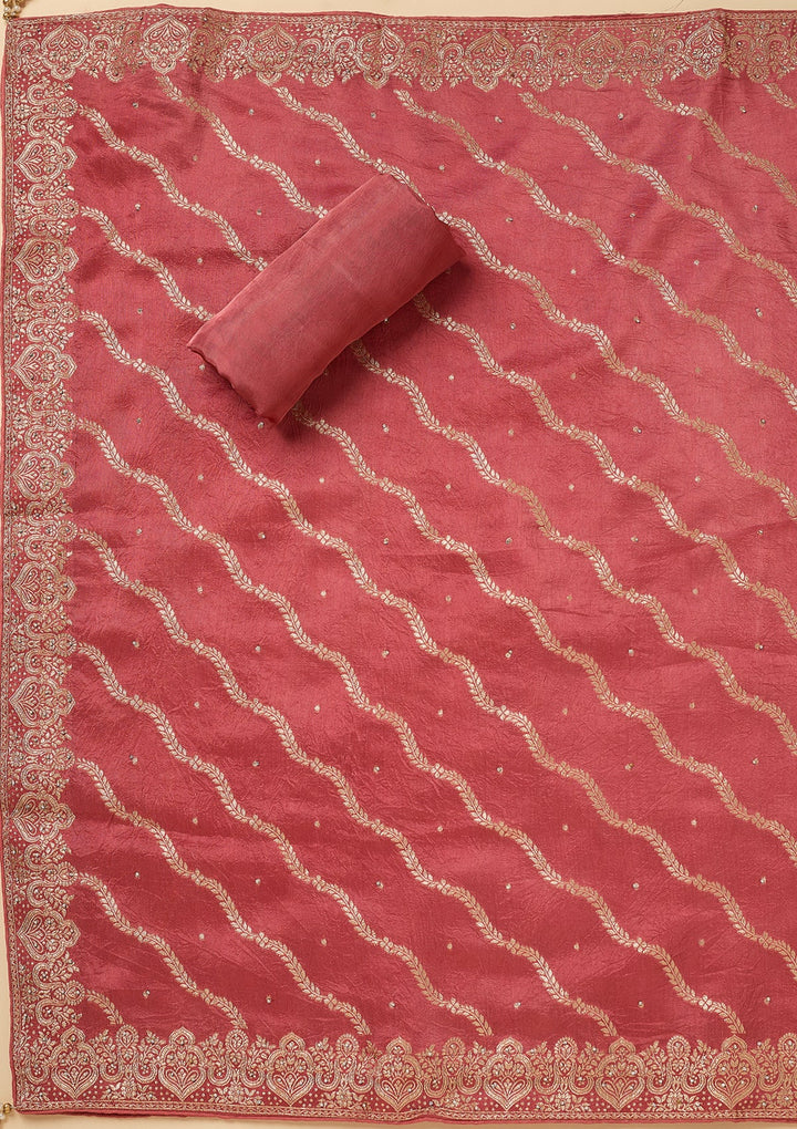 Onion Pink Dola Silk Gold Stonework Unstitched Dress Material With Matching Bottom And Dupatta