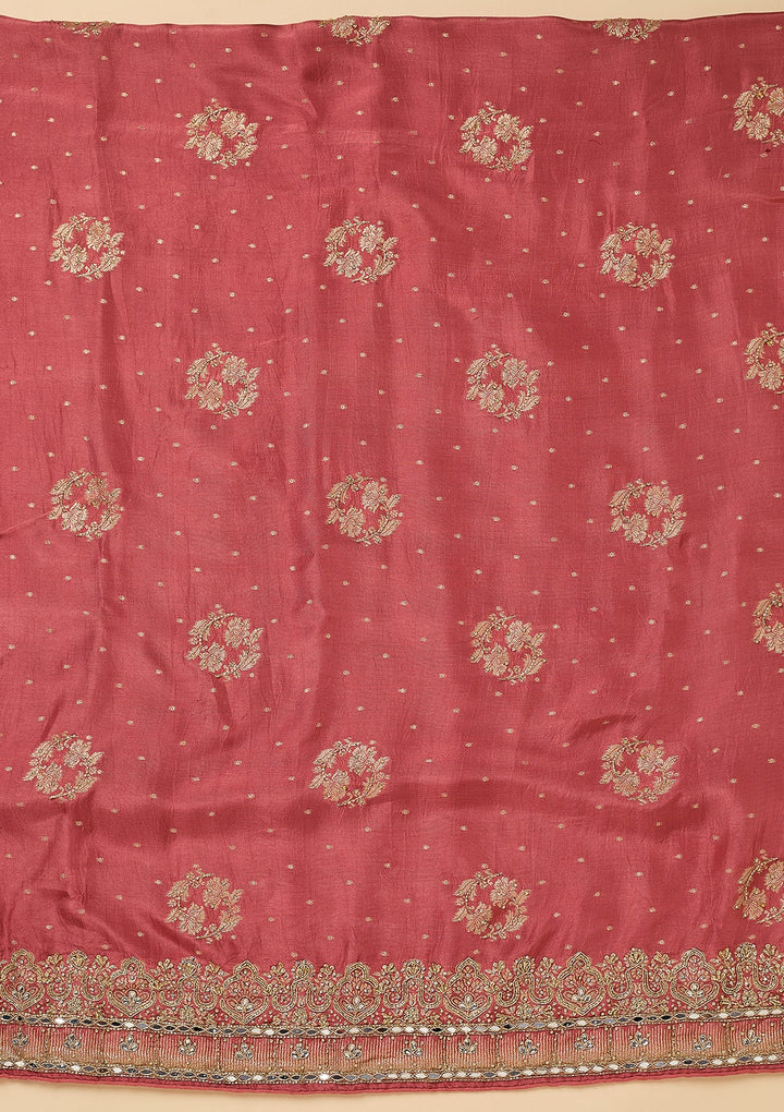 Onion Pink Dola Silk Gold Stonework Unstitched Dress Material With Matching Bottom And Dupatta