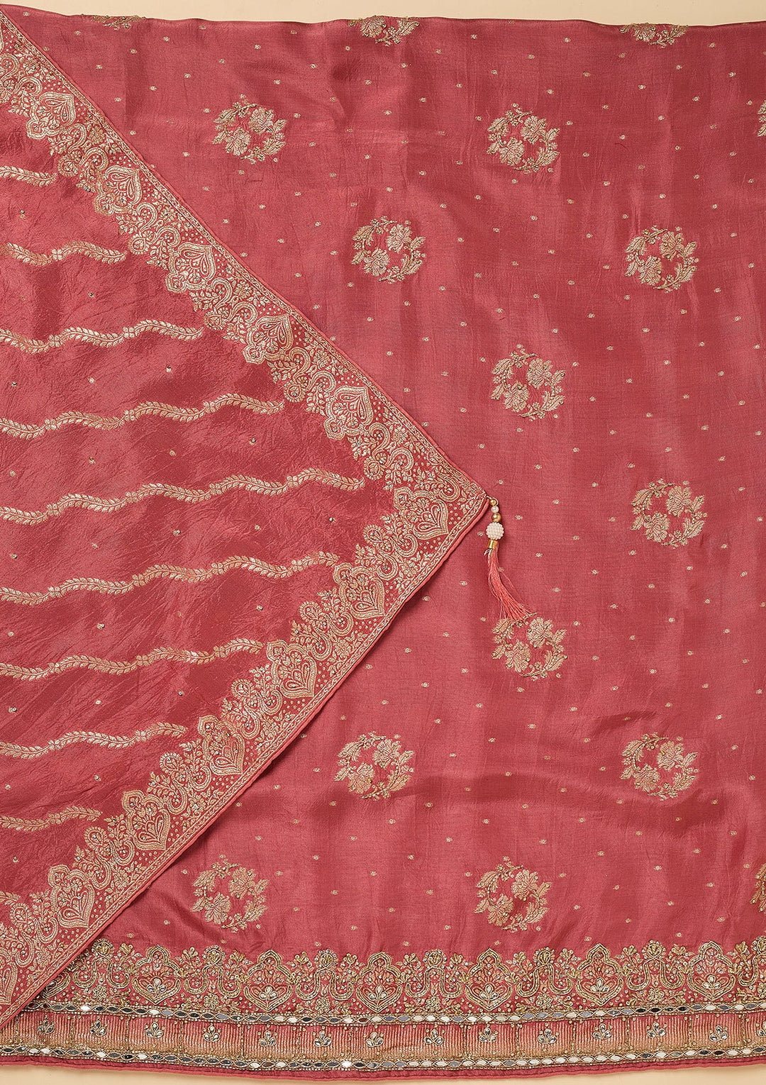 Onion Pink Dola Silk Gold Stonework Unstitched Dress Material With Matching Bottom And Dupatta