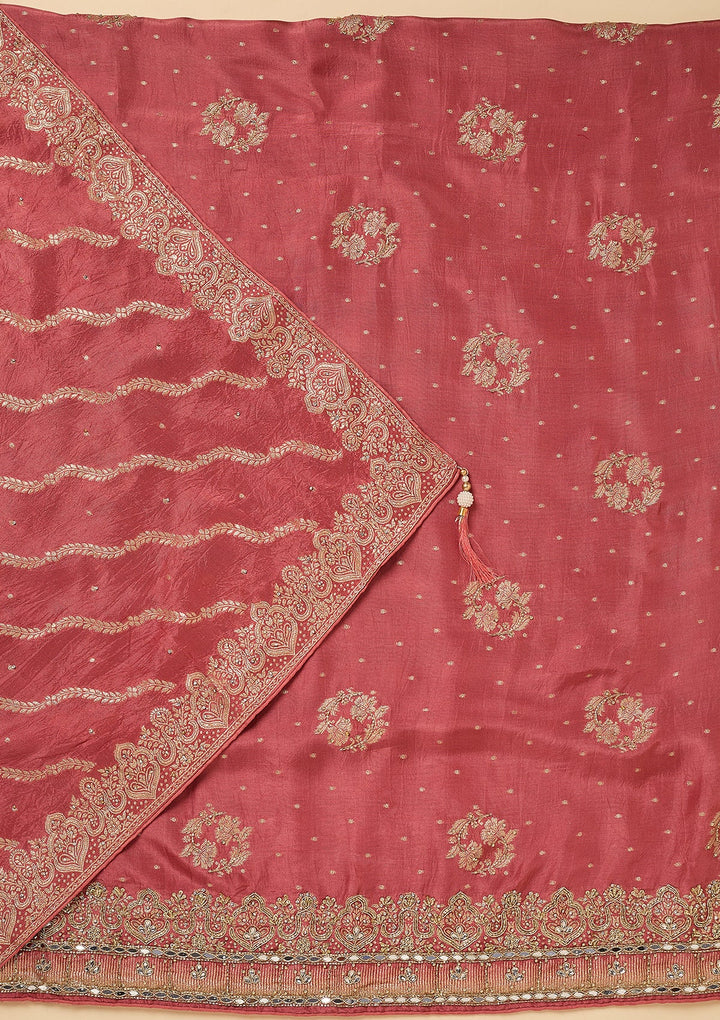 Onion Pink Dola Silk Gold Stonework Unstitched Dress Material With Matching Bottom And Dupatta