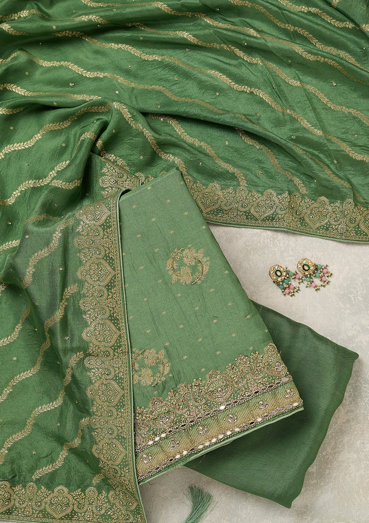 Pista Green Dola Silk Gold Stonework Unstitched Dress Material With Matching Bottom And Dupatta