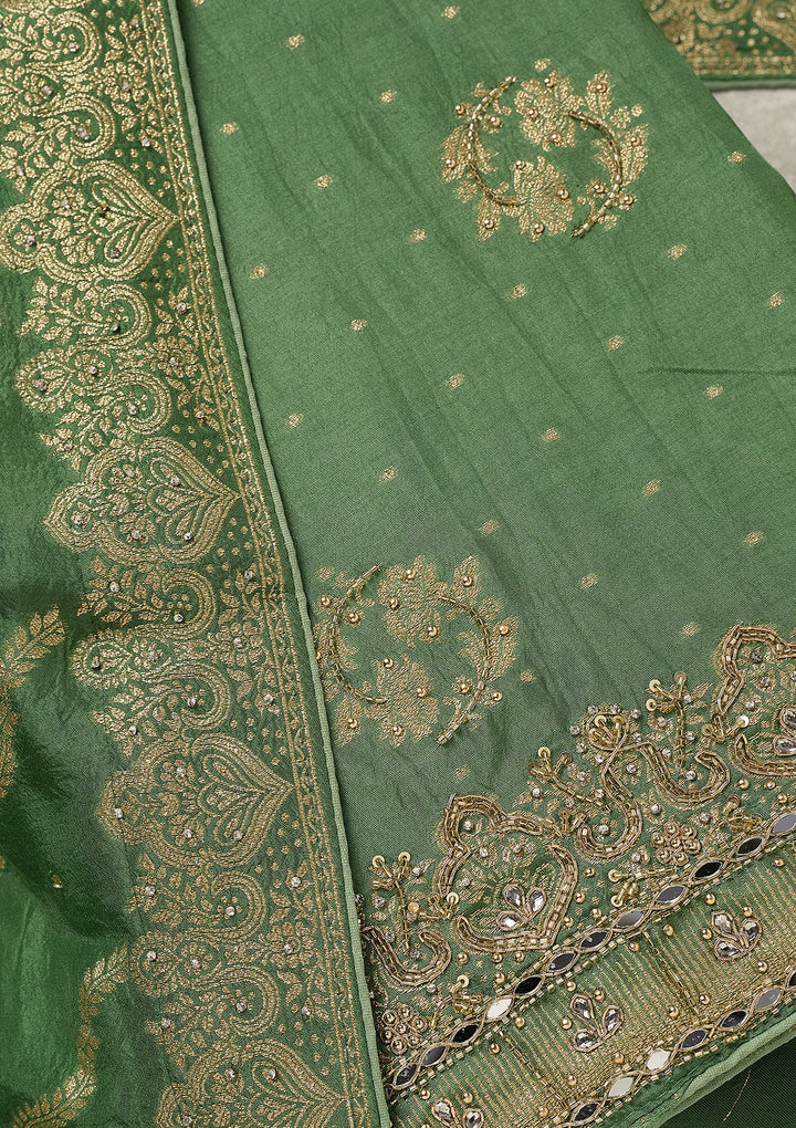 Pista Green Dola Silk Gold Stonework Unstitched Dress Material With Matching Bottom And Dupatta